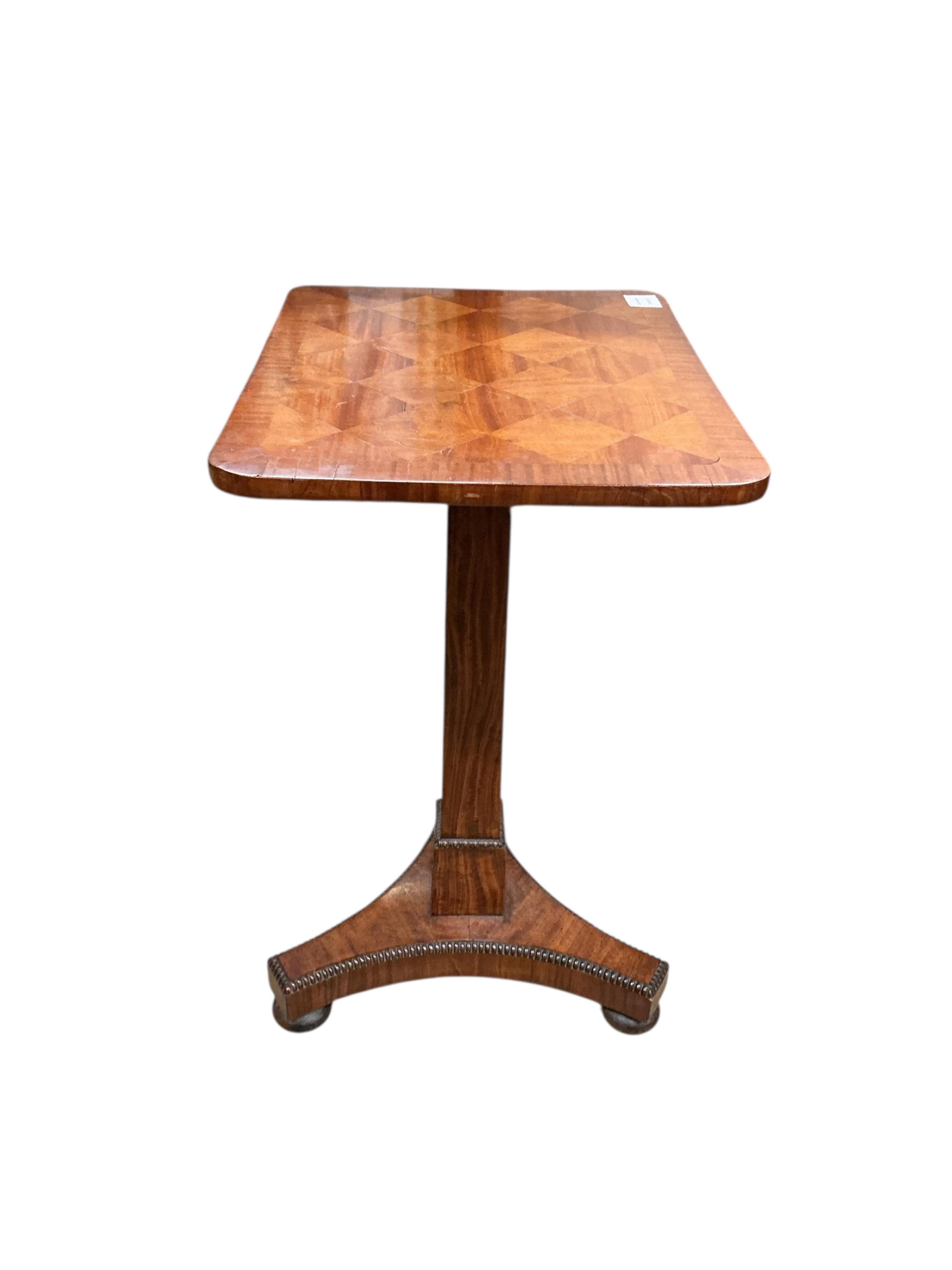 An early Victorian parquetry topped wine table, width 48cm, depth 37cm, height 70cm